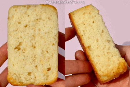 A collage of two photos of an eggless vanilla butter mini loaf. On the left, the loaf is shown whole, golden brown on the outside with a light, spongy crumb. On the right, the loaf is sliced in half lengthwise, revealing its airy, moist interior.