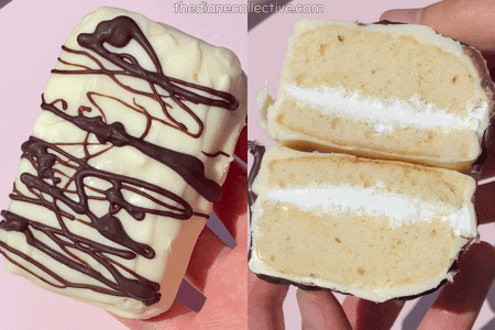 A collage of two photos of a homemade Zebra Cake. On the left, a rectangular mini loaf is coated in white chocolate with drizzled dark chocolate on top. On the right, the same loaf is cut in half, showing two layers of soft vanilla cake with fluffy white cream filling inside the chocolate coating.